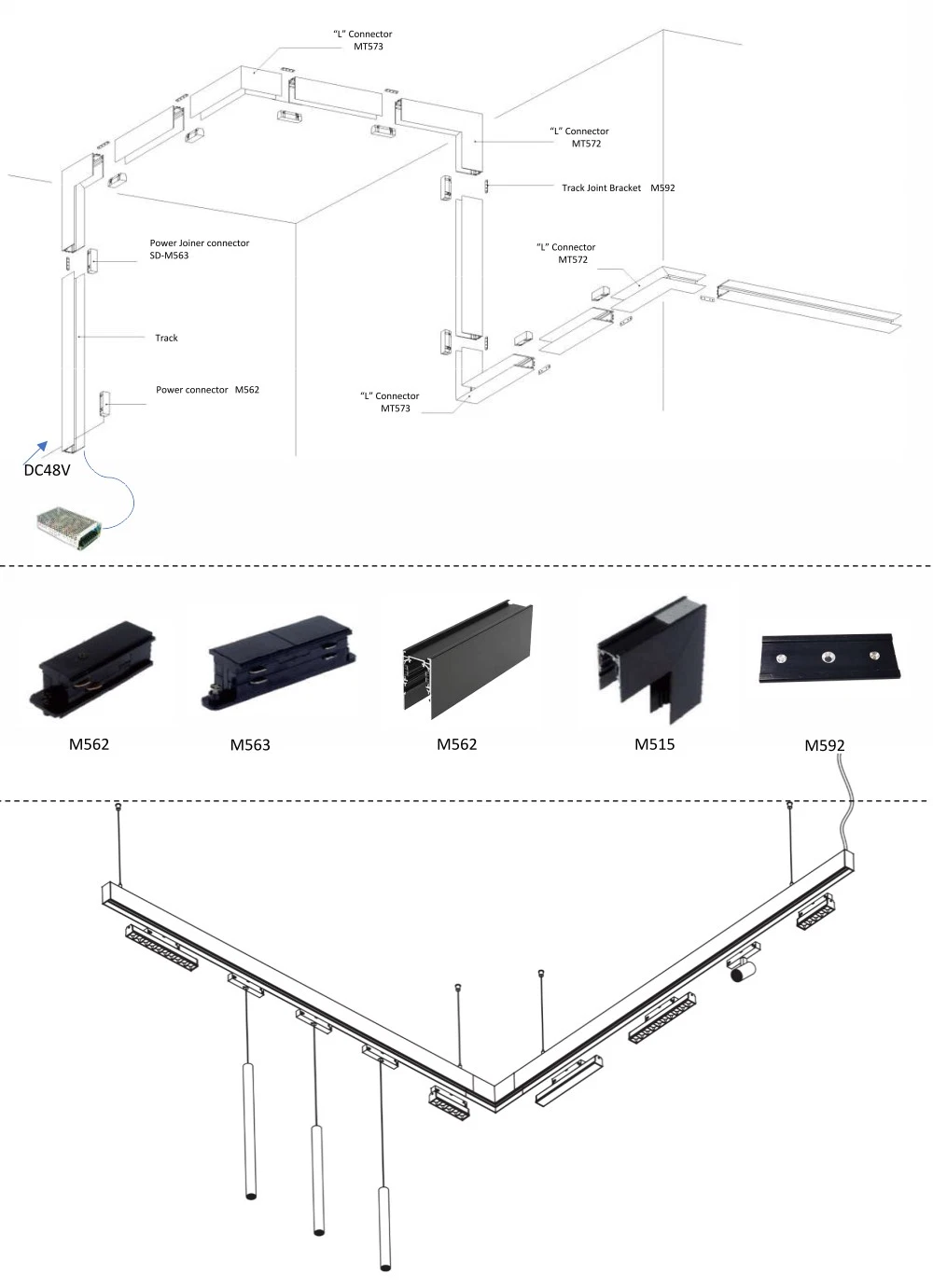 DC48V Magnetic Track Lighting Rail Light System 36mm Embedec Surface Magnetic Magnet Power Supply Linear Light Bar LED Light Track for LED Spotlight