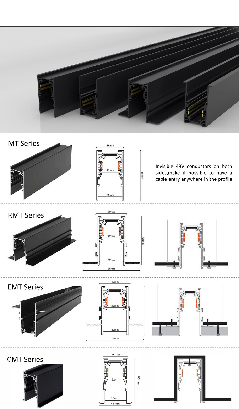 DC48V Magnetic Track Lighting Rail Light System 36mm Embedec Surface Magnetic Magnet Power Supply Linear Light Bar LED Light Track for LED Spotlight